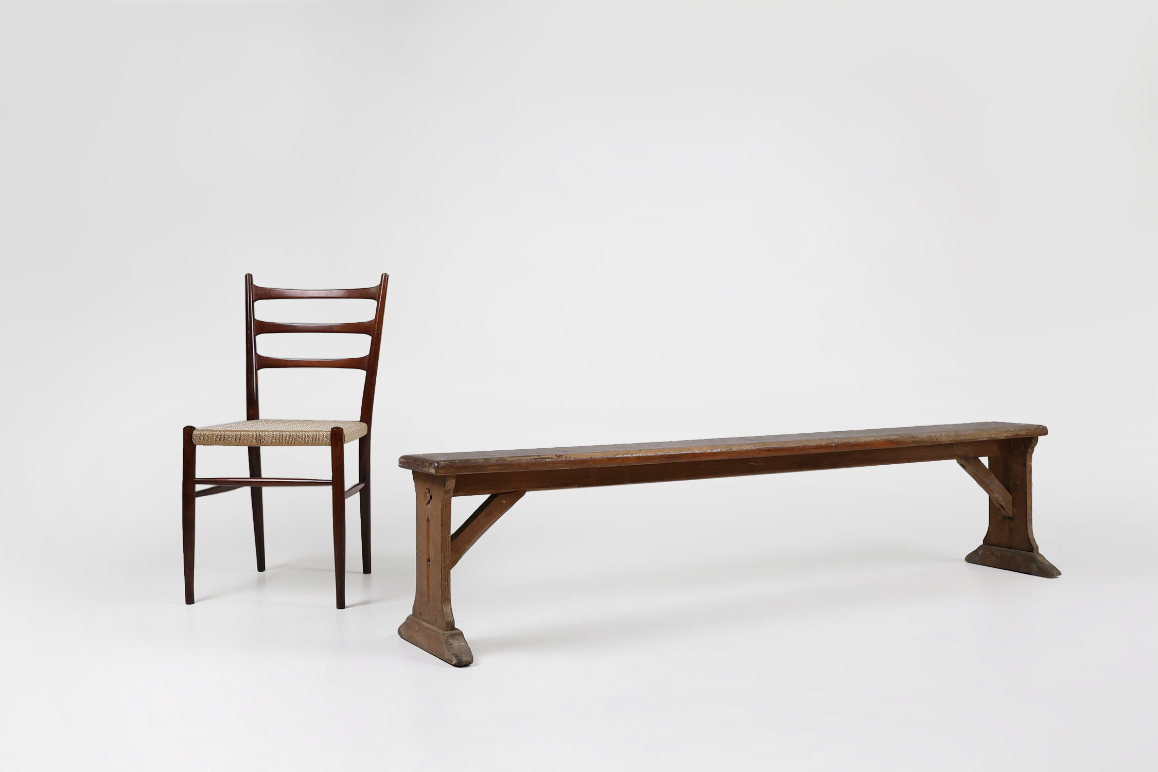 Rustic French bench in oak with carvings and nice patina, ca. 1850thumbnail